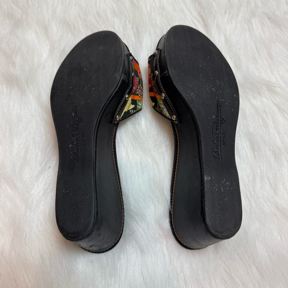 Vintage Salvatore Ferragamo Denim Studded Floral Pattern Wooden Wedges - Picture 7 of 7